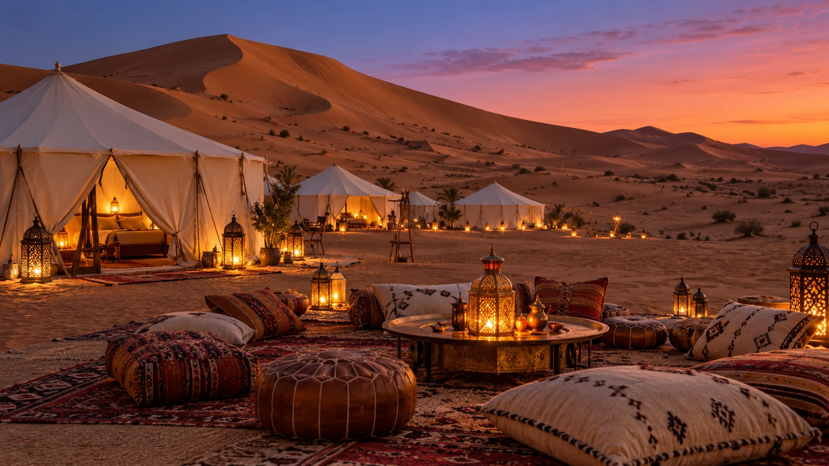 Lantern-lit luxury camp in the Sahara