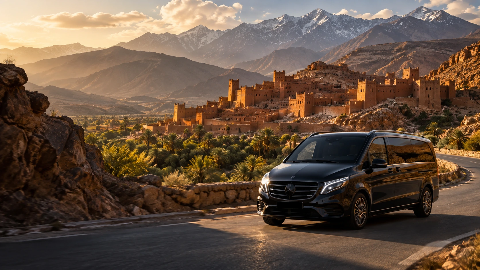 Private passenger van on a road through the Moroccan Atlas mountains